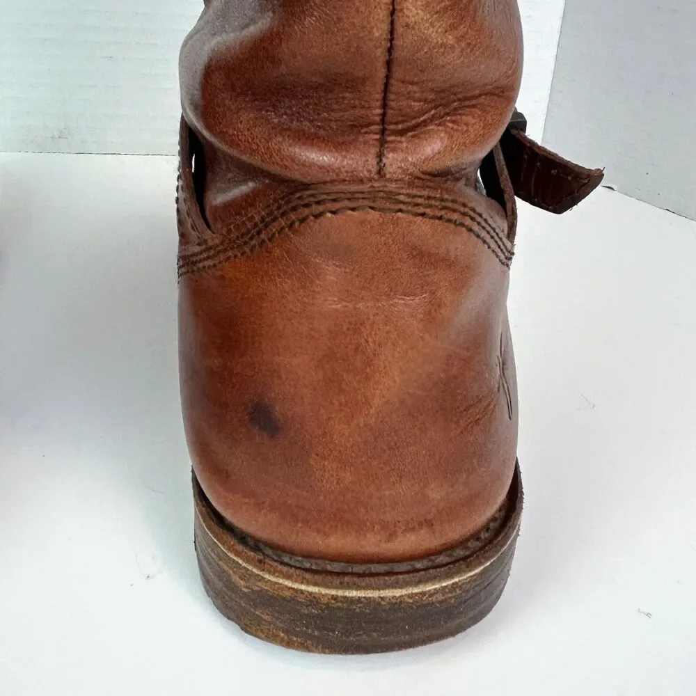 Frye Shirley Pull Riding Boots Full Leather Knee High Buckles Cognac Brown 6.5